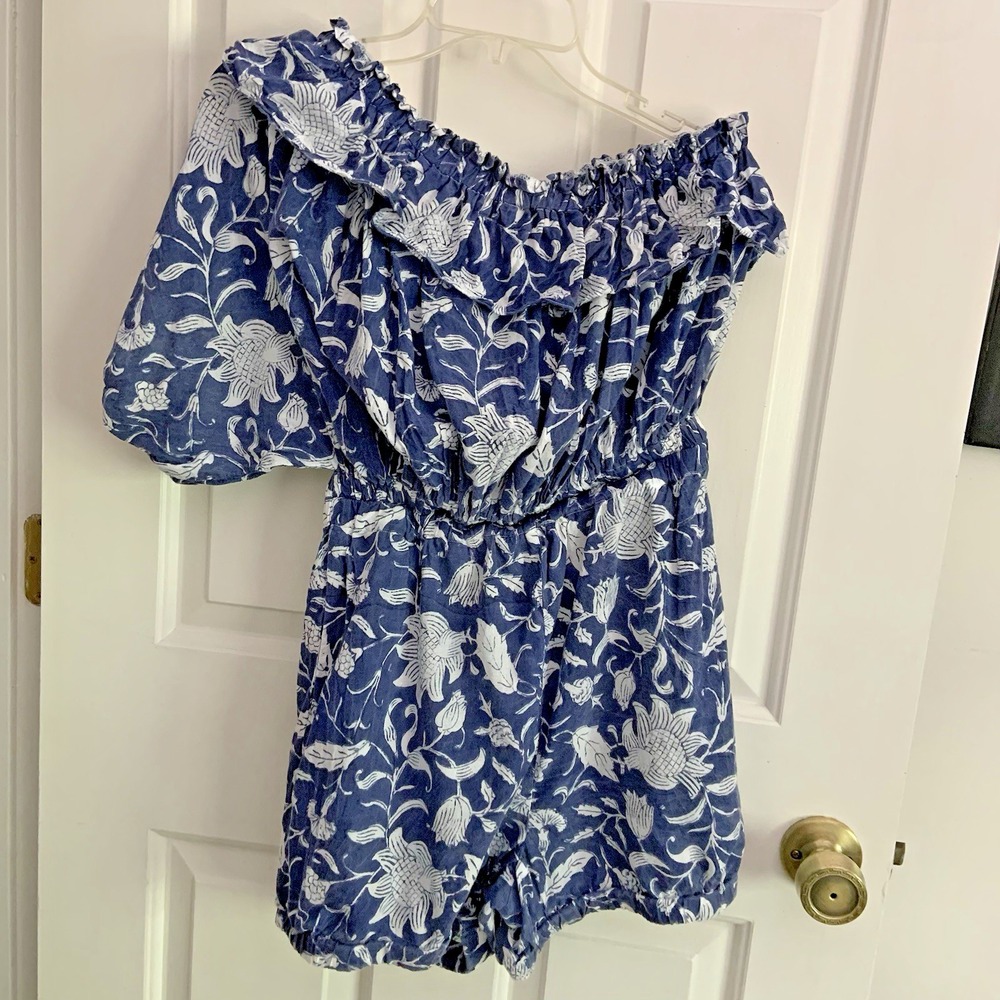 Oscilatey One Shoulder Ruffle Bubble Playsuit Romper Women sz M Blue Floral